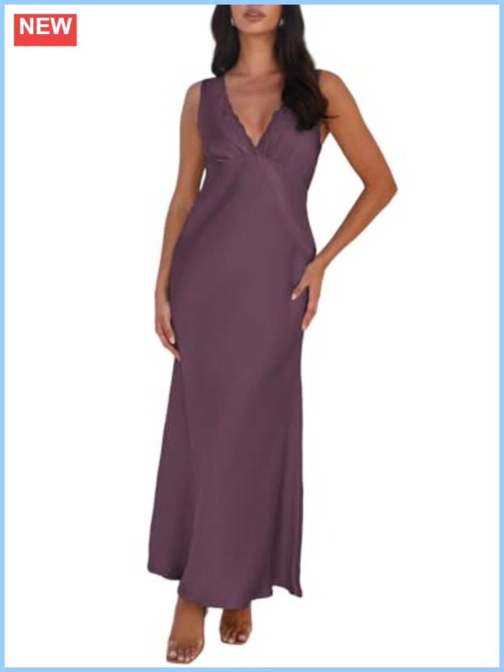 Satin Lace V Neck Backless Maxi Wedding Guest Formal Dress